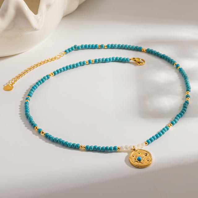Vintage Turquoise Beaded Necklace with Gold-Plated Stainless Steel Starburst Round Pendant