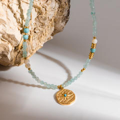 Mint Green Natural Stone Necklace with 18K Gold-Plated Stainless Steel Starburst Pendant