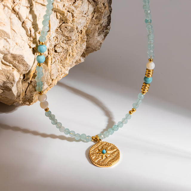 Mint Green Natural Stone Necklace with 18K Gold-Plated Stainless Steel Starburst Pendant