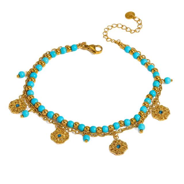 18KG turquoise bead stainless steel anklet boho foot jewelry