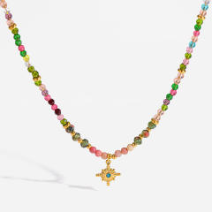 Popular Natural Stone Glass Bead Necklace with Stainless Steel Eight-Pointed Star Pendant