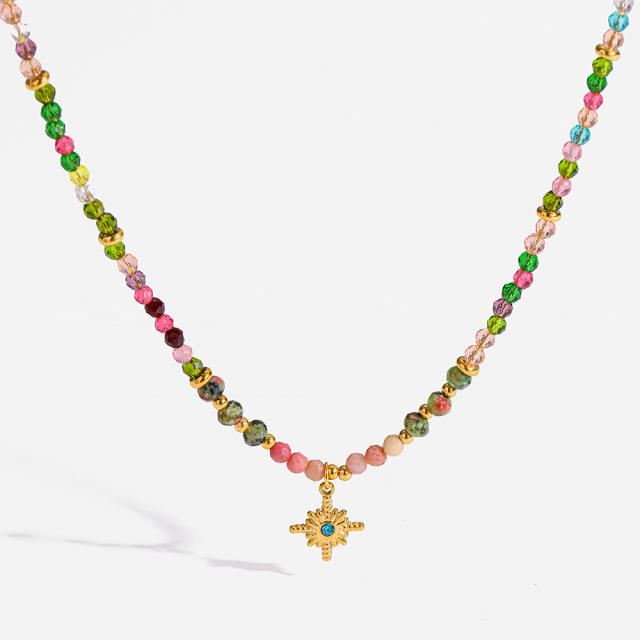 Popular Natural Stone Glass Bead Necklace with Stainless Steel Eight-Pointed Star Pendant