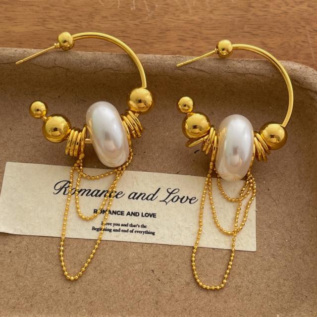 Vintage Gold Beaded Tassel French C-Shaped Earrings