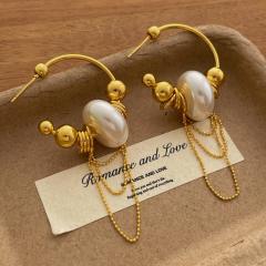 Vintage Gold Beaded Tassel French C-Shaped Earrings