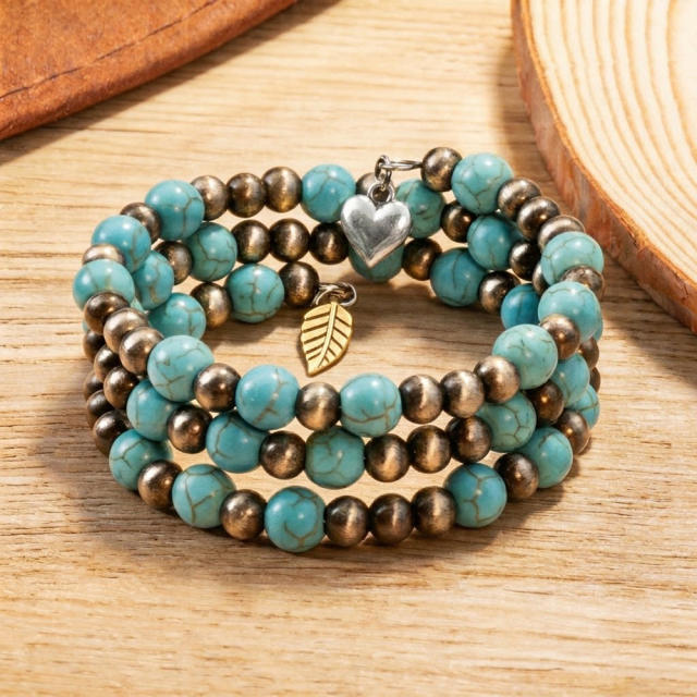Three layer turquoise stone bead CCB bead bracelet for women vintage boho bracelet
