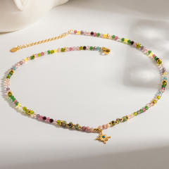 Popular Natural Stone Glass Bead Necklace with Stainless Steel Eight-Pointed Star Pendant