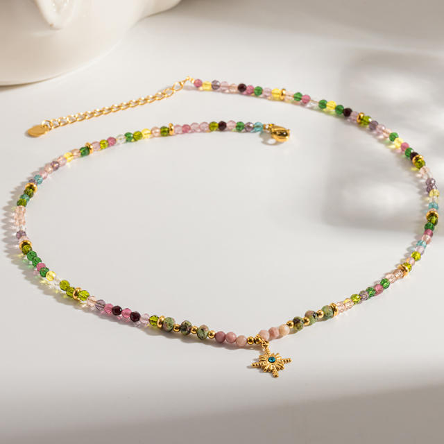 Popular Natural Stone Glass Bead Necklace with Stainless Steel Eight-Pointed Star Pendant