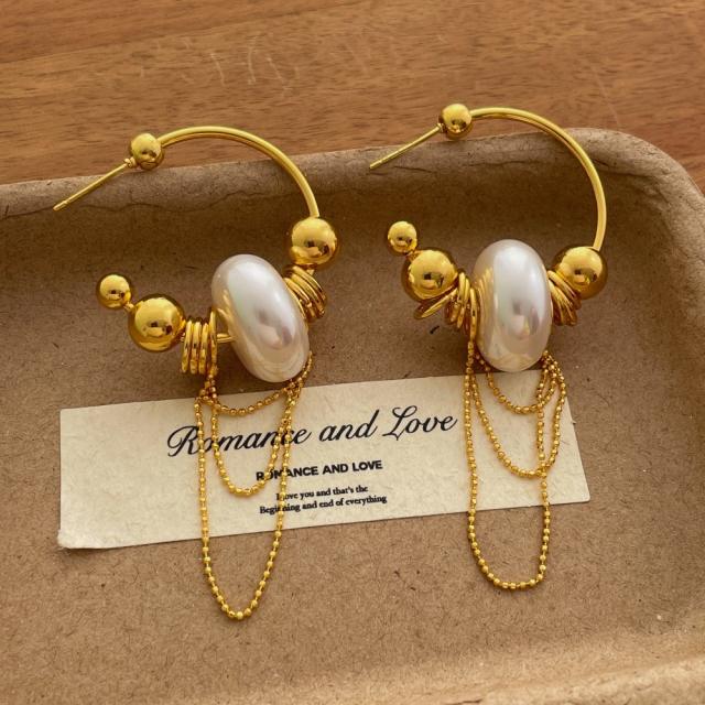 Vintage Gold Beaded Tassel French C-Shaped Earrings