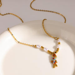Summer enamel fish pendant pearl bead chain stainless steel necklace