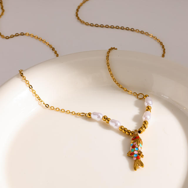 Summer enamel fish pendant pearl bead chain stainless steel necklace