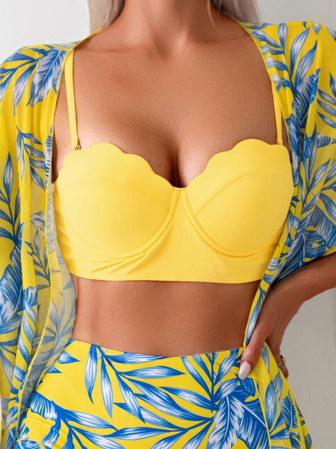 New Island Vacation Slimming Swimsuit for Women Maple Leaf Print Bikini Three-Piece Set