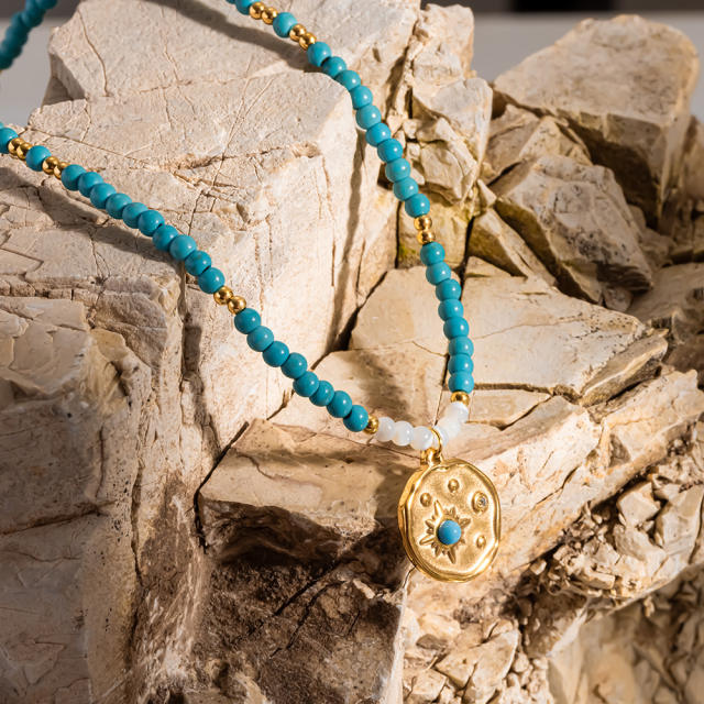 Vintage Turquoise Beaded Necklace with Gold-Plated Stainless Steel Starburst Round Pendant