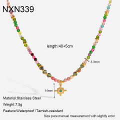 Popular Natural Stone Glass Bead Necklace with Stainless Steel Eight-Pointed Star Pendant