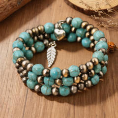 Three layer turquoise stone bead CCB bead bracelet for women vintage boho bracelet