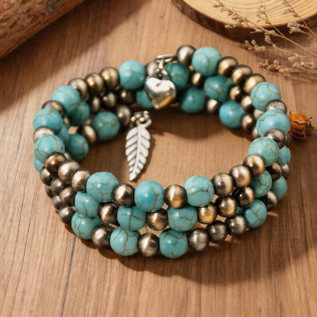 Three layer turquoise stone bead CCB bead bracelet for women vintage boho bracelet