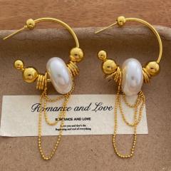 Vintage Gold Beaded Tassel French C-Shaped Earrings