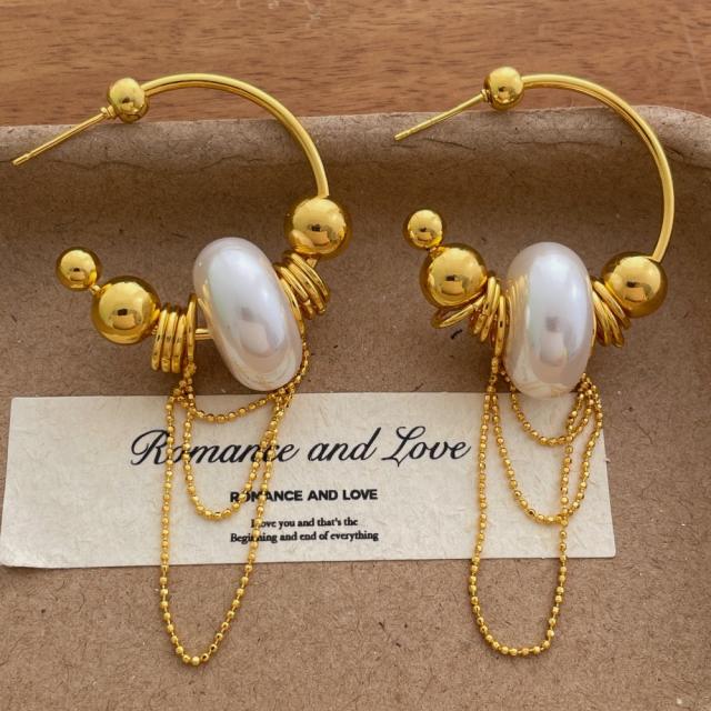 Vintage Gold Beaded Tassel French C-Shaped Earrings