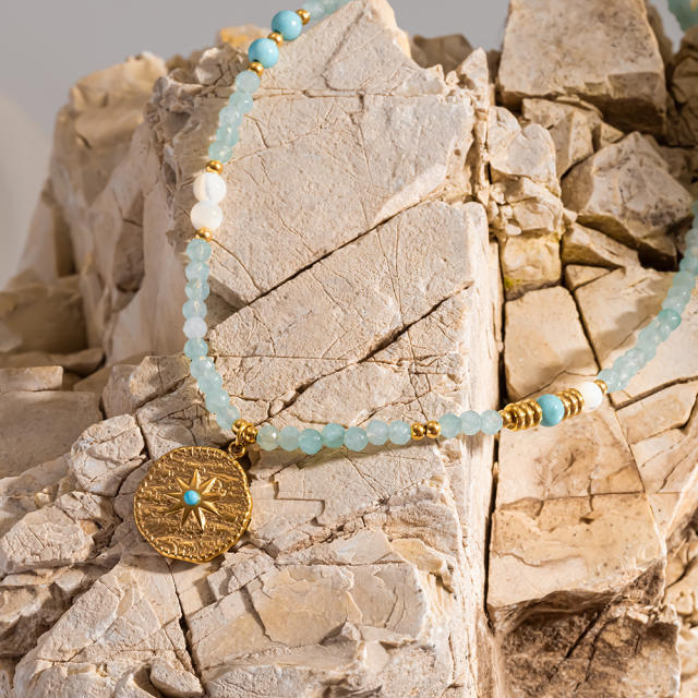 Mint Green Natural Stone Necklace with 18K Gold-Plated Stainless Steel Starburst Pendant