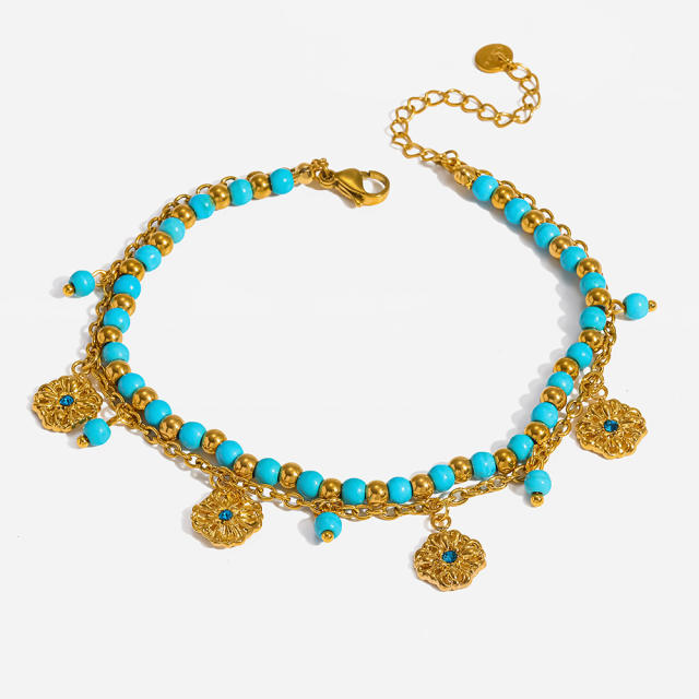 18KG turquoise bead stainless steel anklet boho foot jewelry