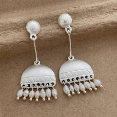Chinese trend bead tassel geometric metal earrings
