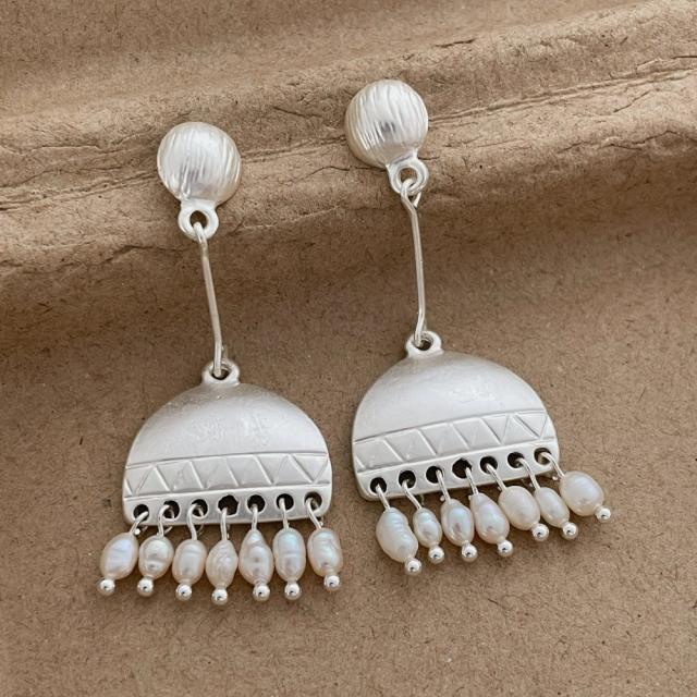 Chinese trend bead tassel geometric metal earrings