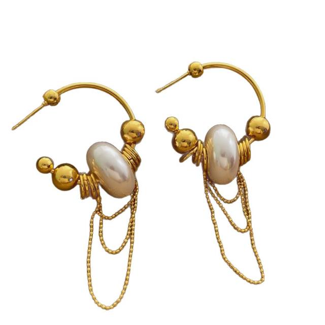 Vintage Gold Beaded Tassel French C-Shaped Earrings