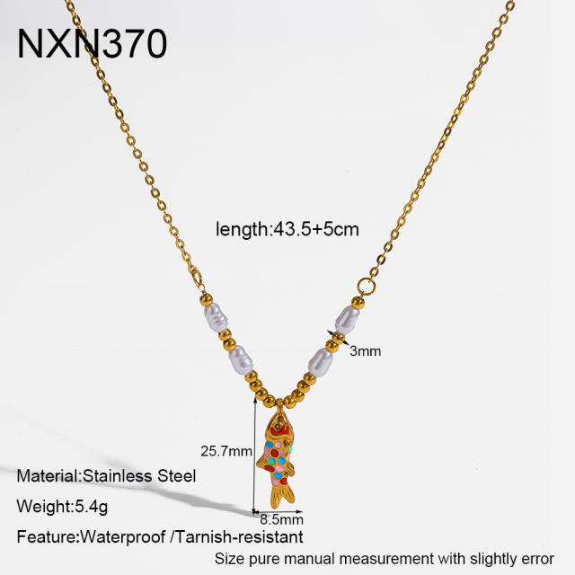 Summer enamel fish pendant pearl bead chain stainless steel necklace