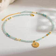 Mint Green Natural Stone Necklace with 18K Gold-Plated Stainless Steel Starburst Pendant