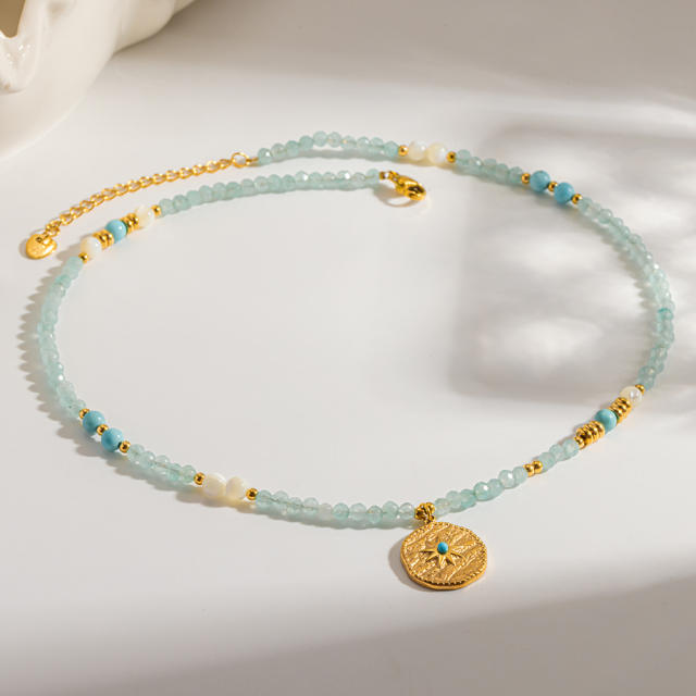 Mint Green Natural Stone Necklace with 18K Gold-Plated Stainless Steel Starburst Pendant