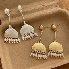 Chinese trend bead tassel geometric metal earrings