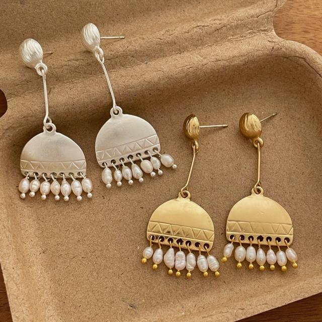 Chinese trend bead tassel geometric metal earrings