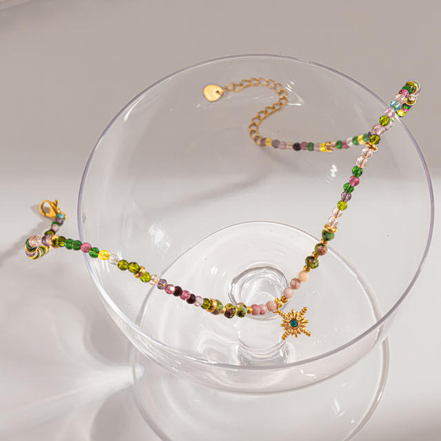 Popular Natural Stone Glass Bead Necklace with Stainless Steel Eight-Pointed Star Pendant