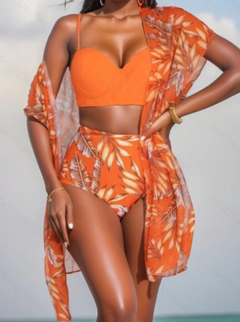 New Island Vacation Slimming Swimsuit for Women Maple Leaf Print Bikini Three-Piece Set