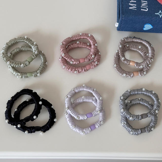 Elegant pearl bead plain satin hair ties rubber band for women