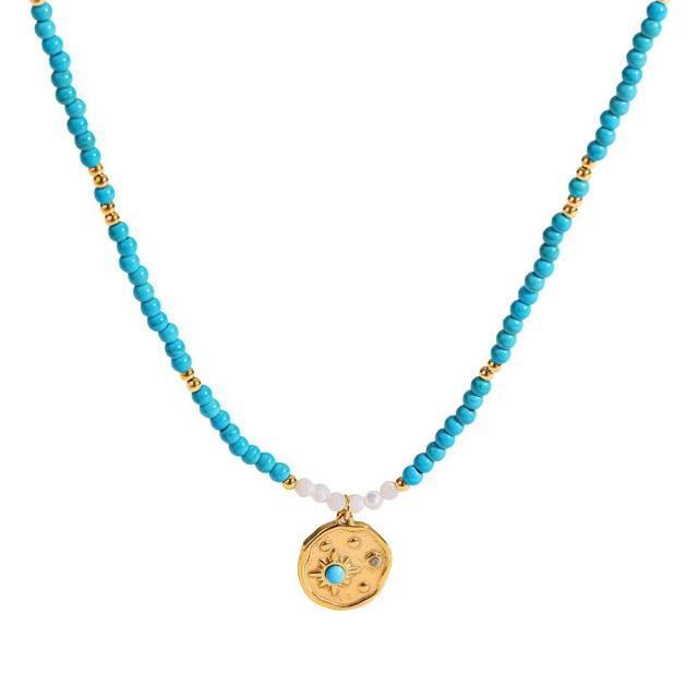 Vintage Turquoise Beaded Necklace with Gold-Plated Stainless Steel Starburst Round Pendant