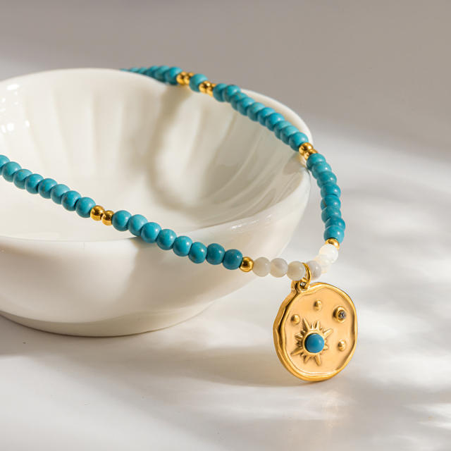 Vintage Turquoise Beaded Necklace with Gold-Plated Stainless Steel Starburst Round Pendant