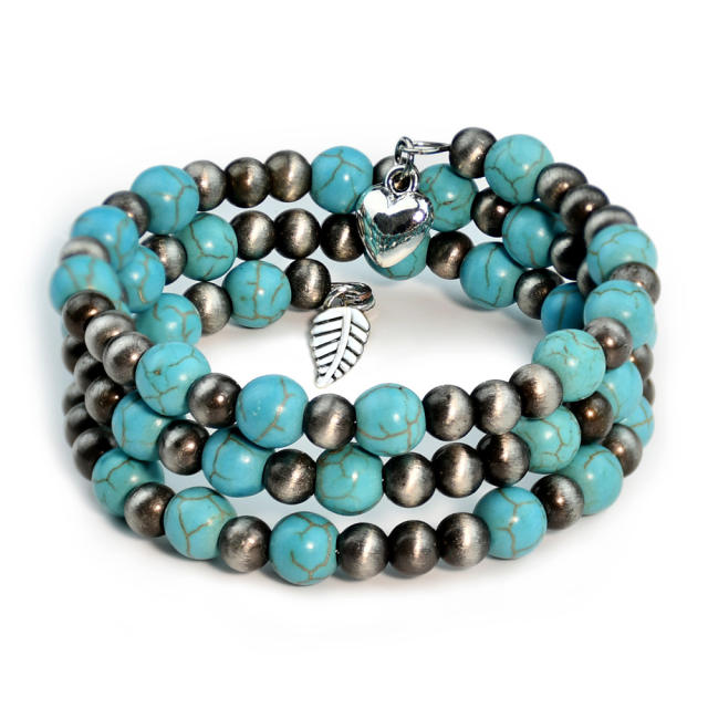 Three layer turquoise stone bead CCB bead bracelet for women vintage boho bracelet