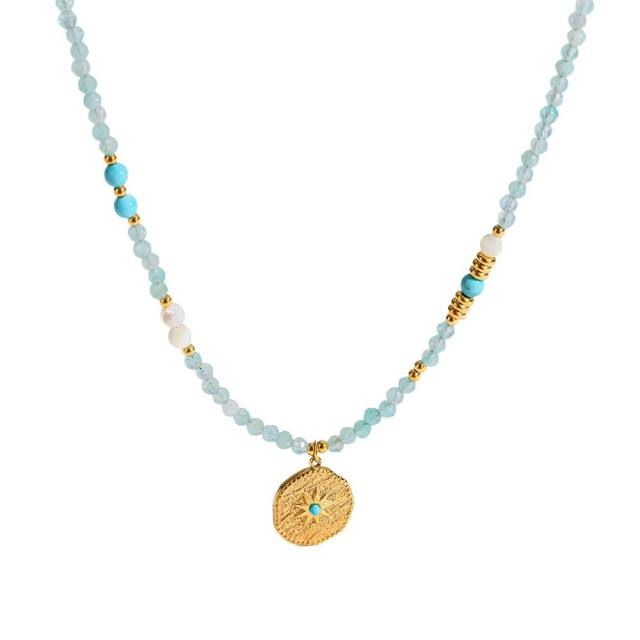 Mint Green Natural Stone Necklace with 18K Gold-Plated Stainless Steel Starburst Pendant