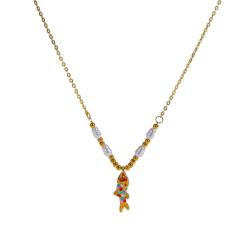 Summer enamel fish pendant pearl bead chain stainless steel necklace