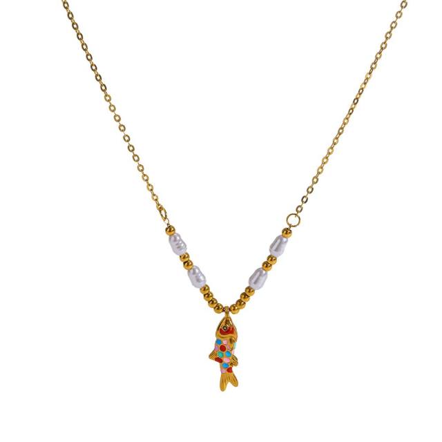 Summer enamel fish pendant pearl bead chain stainless steel necklace
