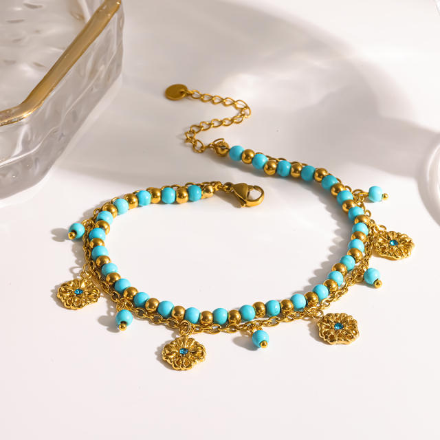 18KG turquoise bead stainless steel anklet boho foot jewelry