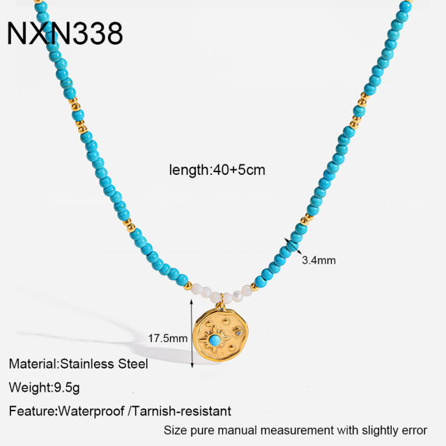 Vintage Turquoise Beaded Necklace with Gold-Plated Stainless Steel Starburst Round Pendant