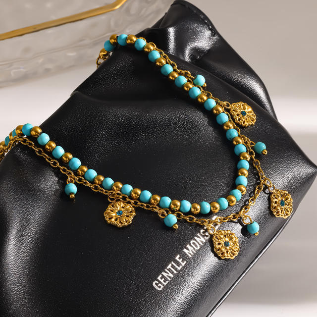 18KG turquoise bead stainless steel anklet boho foot jewelry