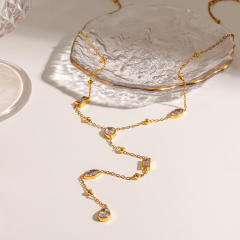 18KG horse eye diamond Y shape stainless steel necklace long necklace