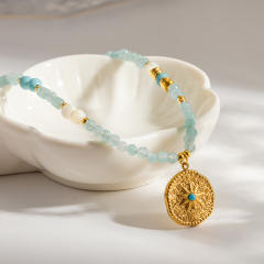 Mint Green Natural Stone Necklace with 18K Gold-Plated Stainless Steel Starburst Pendant