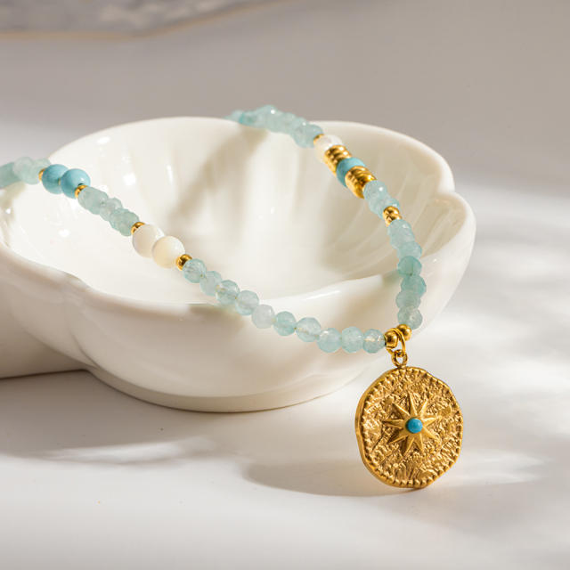 Mint Green Natural Stone Necklace with 18K Gold-Plated Stainless Steel Starburst Pendant