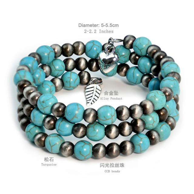 Three layer turquoise stone bead CCB bead bracelet for women vintage boho bracelet