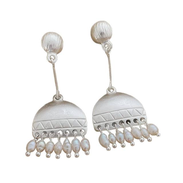 Chinese trend bead tassel geometric metal earrings