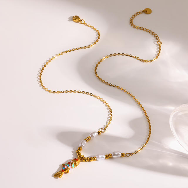 Summer enamel fish pendant pearl bead chain stainless steel necklace
