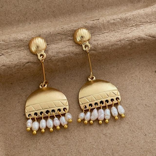 Chinese trend bead tassel geometric metal earrings